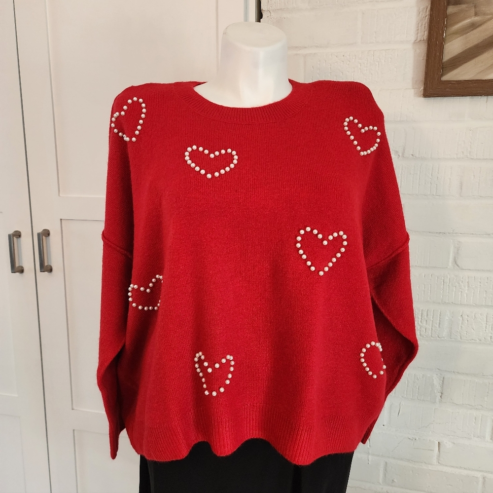 Vince Camuto Red Heart Sweater NWT Size XXL Pearl Detail